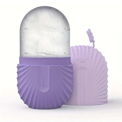 ice facial roller set in lavender plastic with a clear frozen cooling roller and matching ridged protective cover