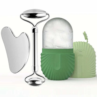 ice facial roller set with stainless steel roller, gua sha tool, and green ice globe cooling massage applicator