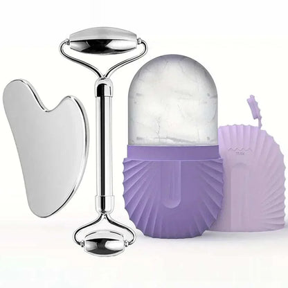 ice facial roller set with stainless steel roller, gua sha tool, and purple reusable ice facial massager