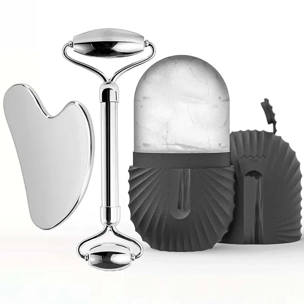 Ice facial roller set with silver stainless steel roller, gua sha tool, and textured cooling ice applicator.