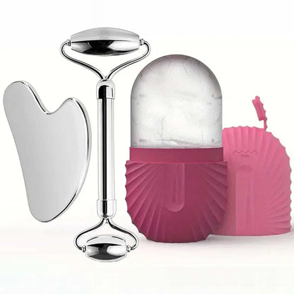 Ice facial roller set with stainless steel roller, gua sha tool, and pink reusable silicone ice mold container