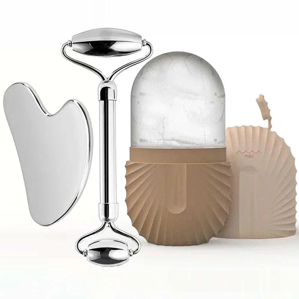 ice facial roller set with polished stainless steel roller, gua sha tool, and frosted cooling dome container