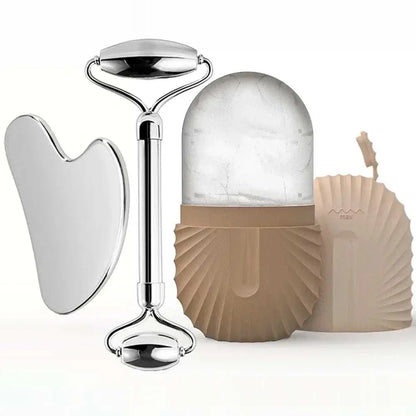 ice facial roller set with polished stainless steel roller, gua sha tool, and frosted cooling dome container