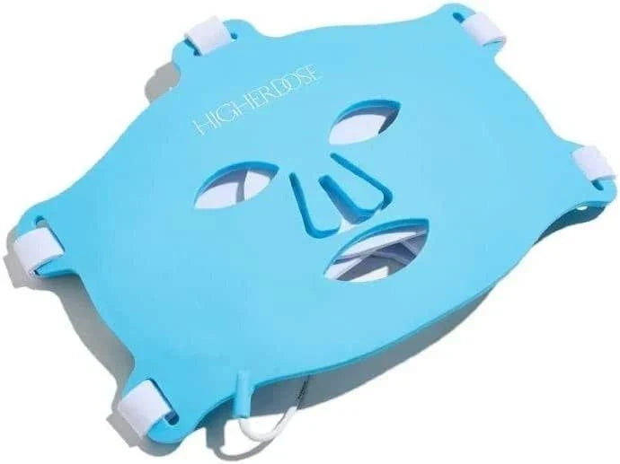 Infrared Light Therapy blue LED facial mask with dual handles and cutouts for eyes, nose, and mouth for skincare