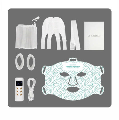Infrared Light Therapy white and turquoise patterned LED facial mask with dual handles and included accessories for facial skincare