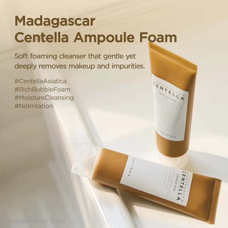 Korean Centella Series foaming cleanser in two brown and white squeeze tubes with Centella branding
