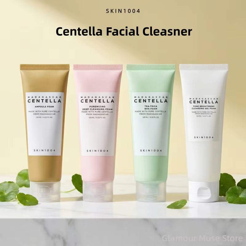 Korean Centella Series facial cleanser tubes in gold, pink, green, and white with centella labels