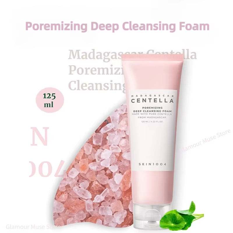 Korean Centella Series cleansing foam in a pink tube with pink salt crystals and green leaves