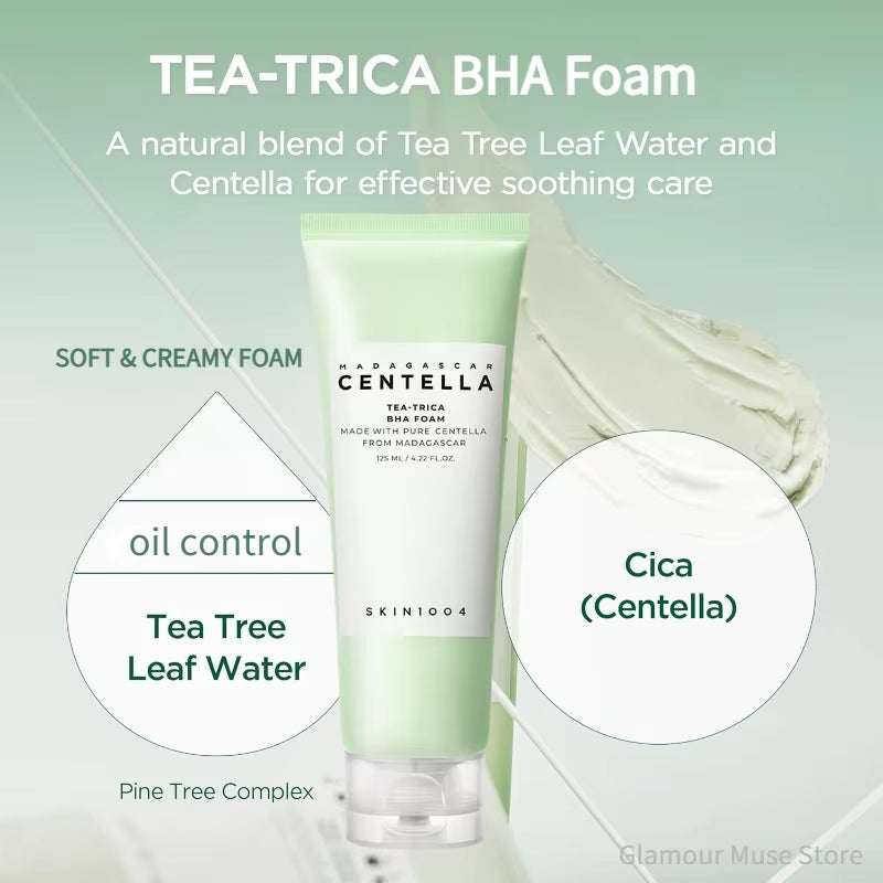 Korean Centella Series tea tree and centella foam cleanser in a pale green tube with oil control formula