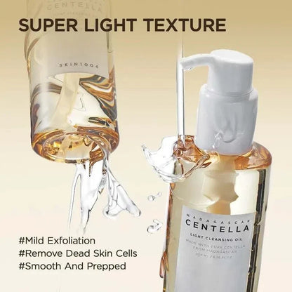 Korean SKIN1004 Skincare clear light cleansing oil and toner in transparent bottles with white pump and cap, labeled Madagascar Centella