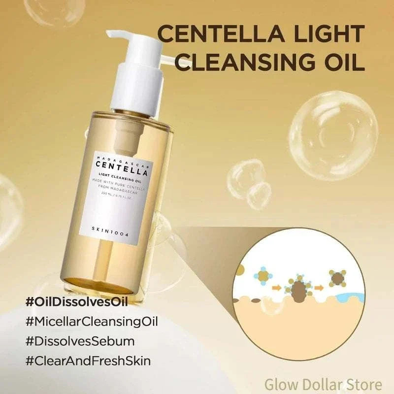 Light amber plastic bottle of Centella Light Cleansing Oil with white pump dispenser and minimalist white label, promoting gentle pore care for clean skin in Korean SKIN1004 Skincare