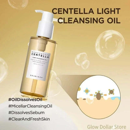 Light amber plastic bottle of Centella Light Cleansing Oil with white pump dispenser and minimalist white label, promoting gentle pore care for clean skin in Korean SKIN1004 Skincare