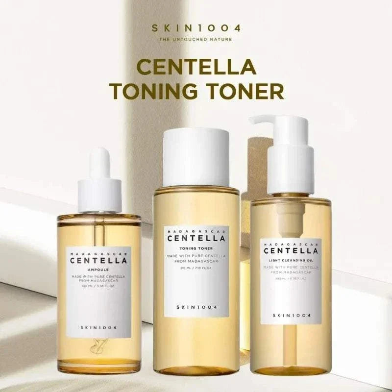 Korean SKIN1004 Skincare Centella three-piece set with toning toner, light cleansing oil, and facial serum in clear bottles