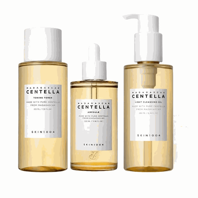 Korean SKIN1004 Skincare Centella three-piece set with toning toner, ampoule serum, and light cleansing oil in amber bottles