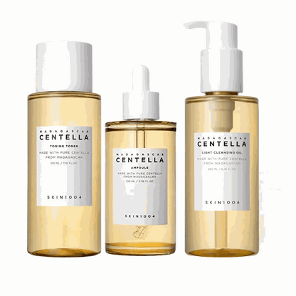 Korean SKIN1004 Skincare Centella three-piece set with toning toner, ampoule serum, and light cleansing oil in amber bottles