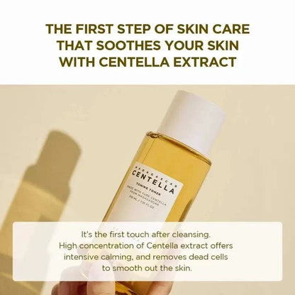 Korean SKIN1004 Skincare centella toning toner bottle with golden yellow liquid and white cap for calming skin