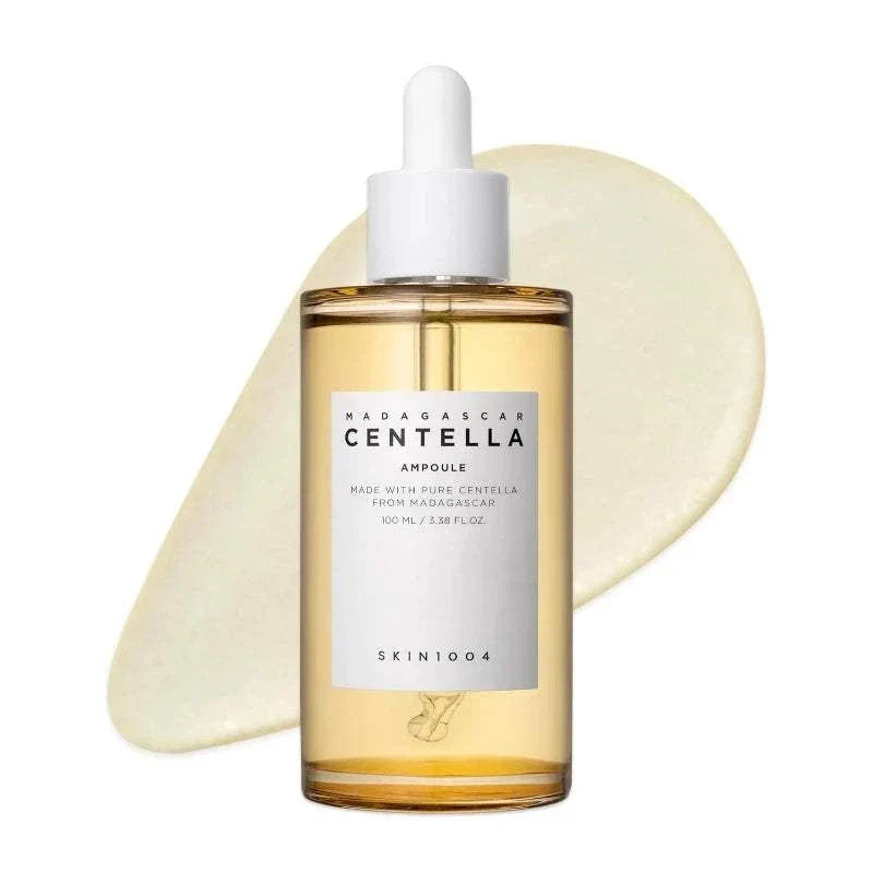 Korean SKIN1004 Skincare clear yellow liquid ampoule bottle with white dropper cap and minimal white label