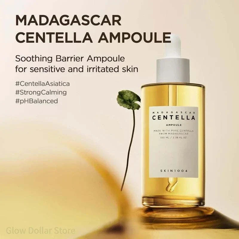 Madagascar Centella Ampoule in a clear yellow liquid glass bottle with white dropper cap and minimalist label for soothing sensitive skin, Korean SKIN1004 Skincare