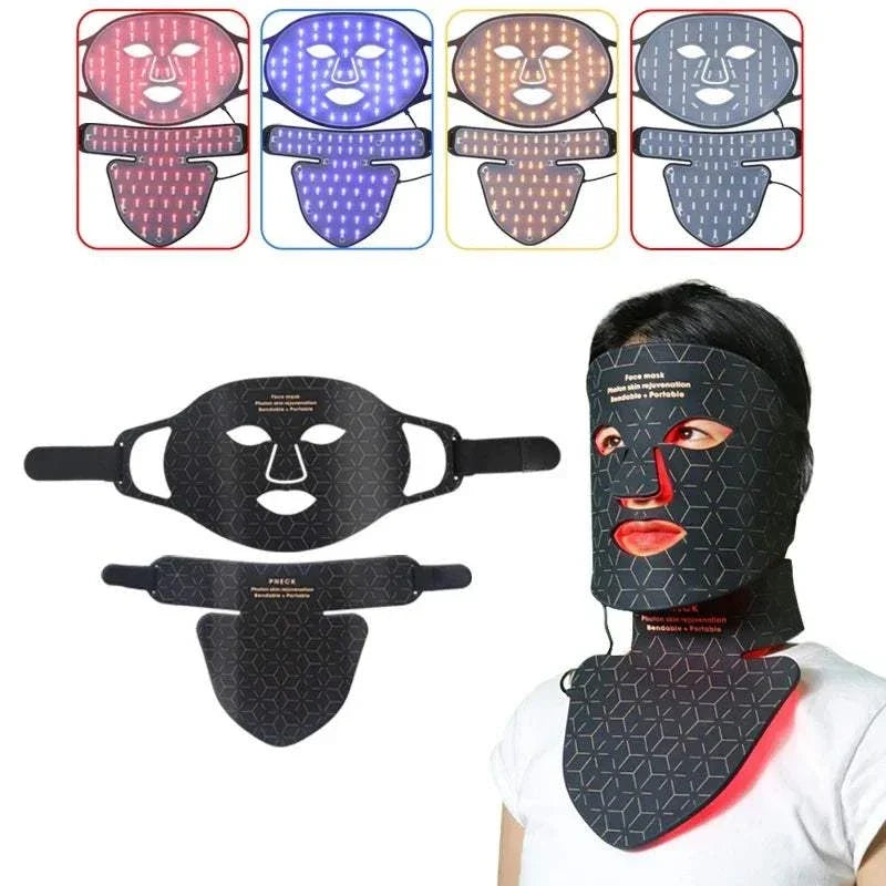 LED Photon Beauty Infrared Mask in black silicone with flexible LED light panels for face and neck, shown in use with red, blue, orange, and white light modes
