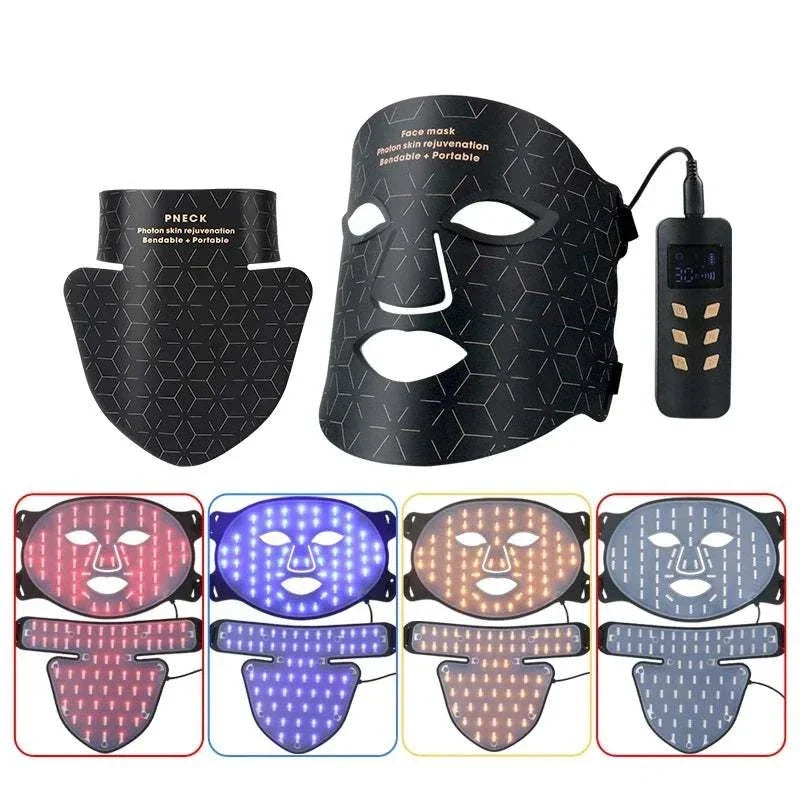 LED Photon Beauty Infrared Mask in black flexible silicone with geometric pattern, featuring face and neck sections and LED light therapy controller