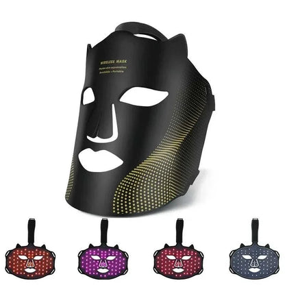 LED Photon Beauty Infrared Mask in black silicone with gold dotted pattern and cutouts for eyes, nose, and mouth with strap