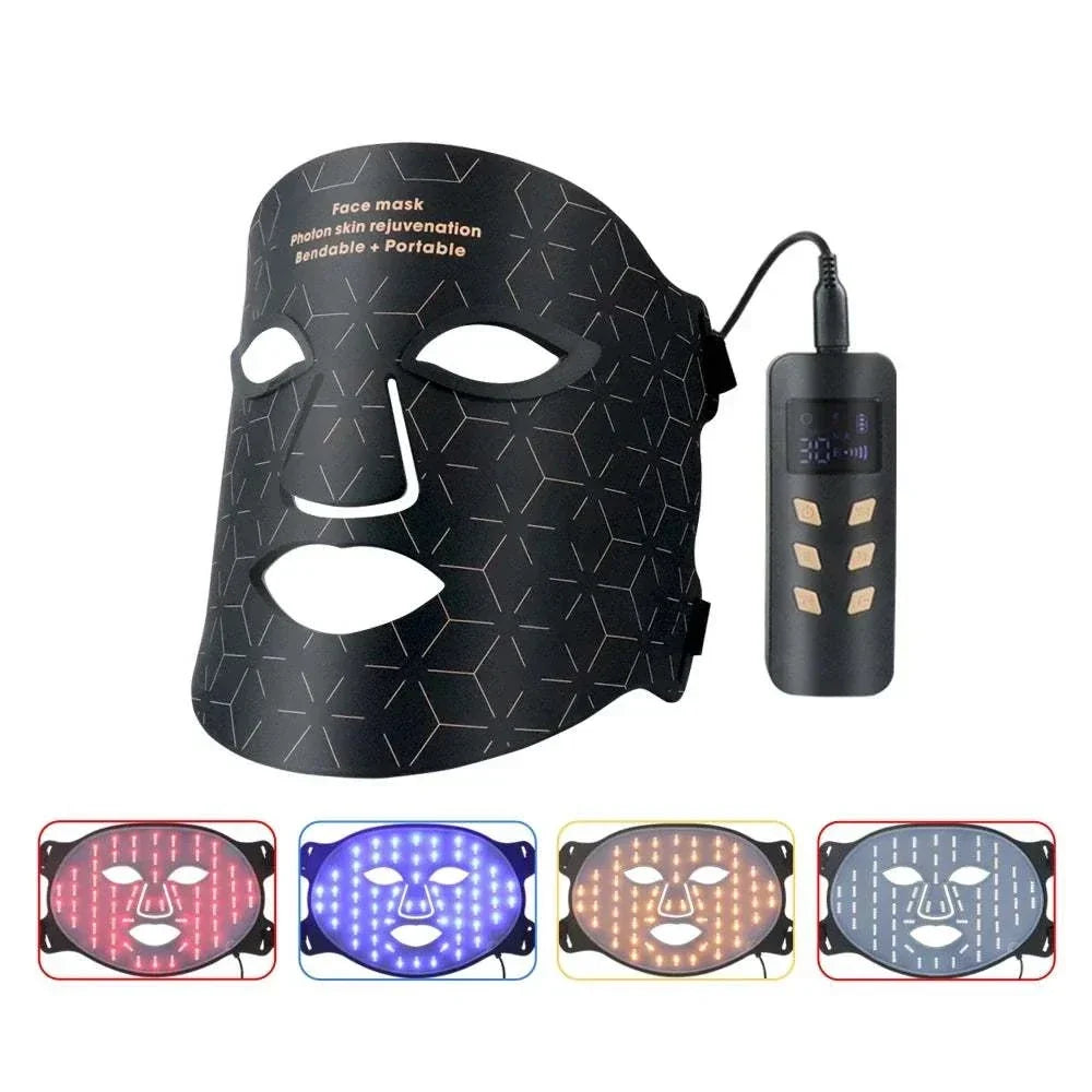 LED Photon Beauty Infrared Mask in black silicone with geometric pattern, integrated LEDs, and connected USB controller for skin therapy