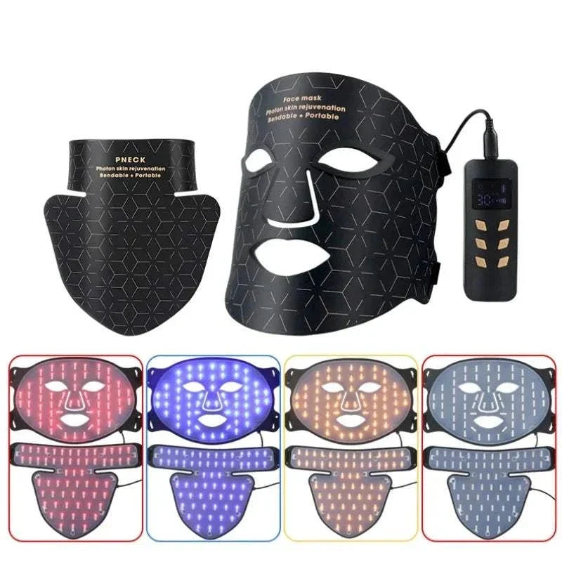 LED Photon Beauty Infrared Mask set in black silicone with geometric pattern, featuring face and neck pieces with multiple LED light colors and a handheld controller