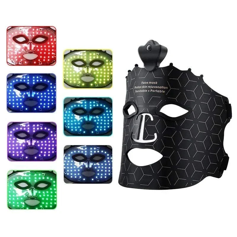 LED Photon Beauty Infrared Mask in black silicone with hexagonal pattern and multicolor LED light therapy options for skin rejuvenation