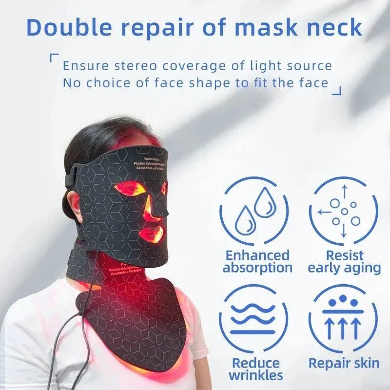 LED Photon Beauty Infrared Mask in black silicone covering face and neck with red LED lights for skin treatment