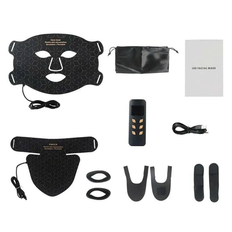 LED Photon Beauty Infrared Mask set with black silicone face and neck masks, remote control, USB cable, and storage pouch