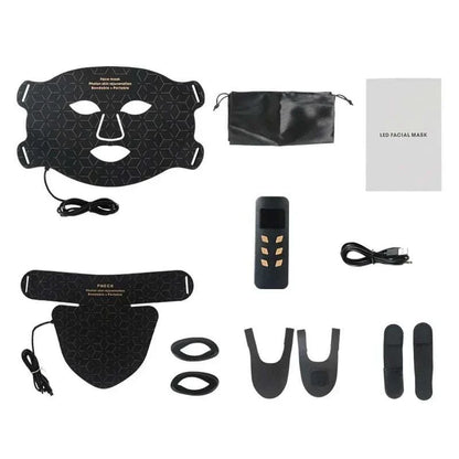 LED Photon Beauty Infrared Mask set with black silicone face and neck masks, remote control, USB cable, and storage pouch