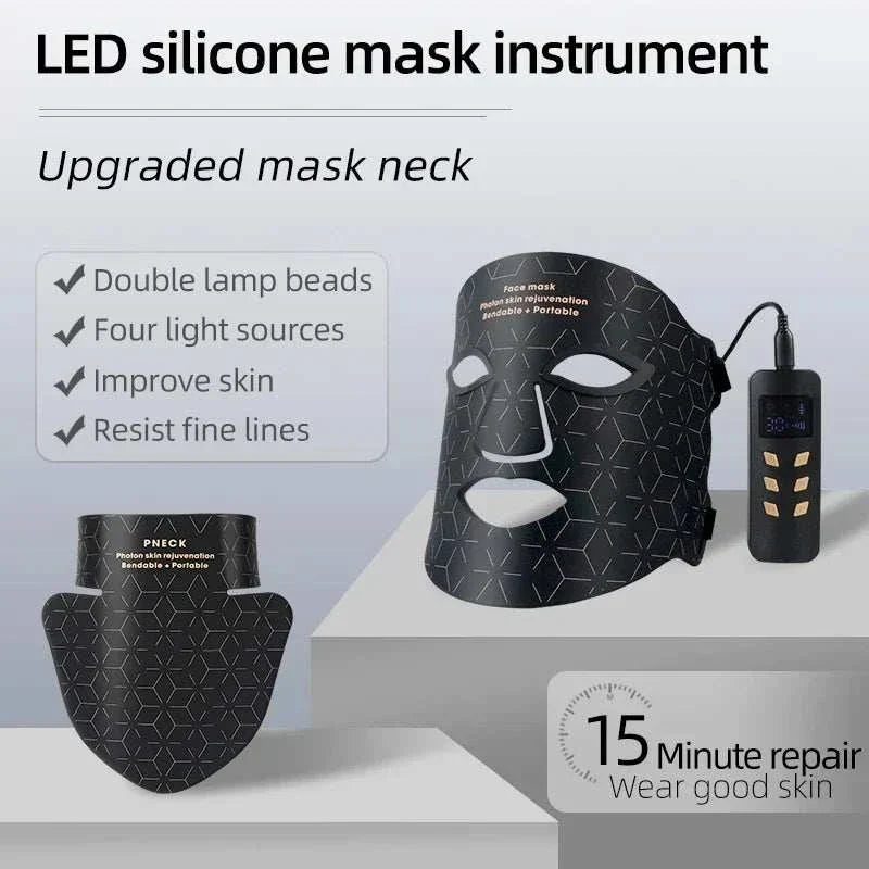 LED Photon Beauty Infrared Mask in black silicone with geometric pattern, USB powered with adjustable controller for skin rejuvenation