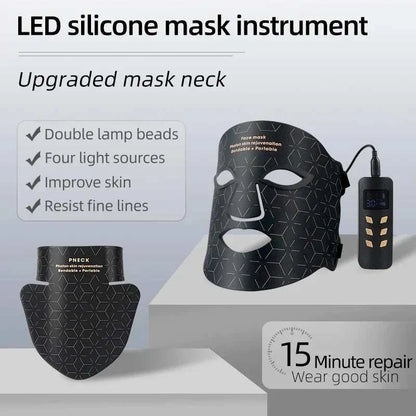 LED Photon Beauty Infrared Mask in black silicone with geometric pattern, USB powered with adjustable controller for skin rejuvenation
