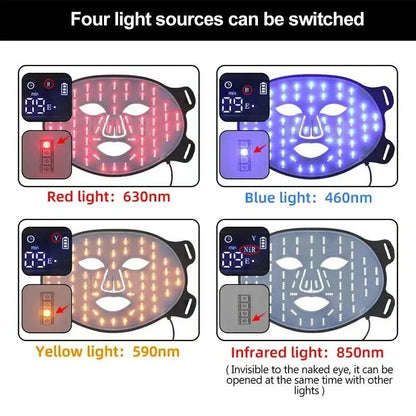 LED Photon Beauty Infrared Mask with silicone flexible material featuring red, blue, yellow, and invisible infrared LED light modes for skincare