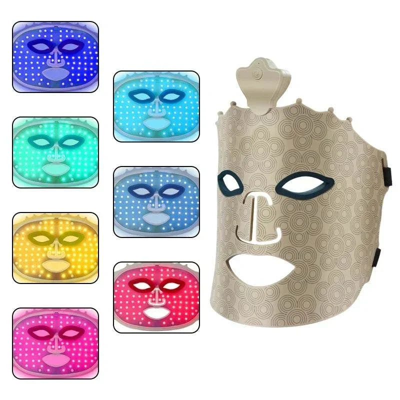 LED Photon Beauty Infrared Mask made of beige silicone with circular patterns and multiple colored LED light therapy modes for face treatment