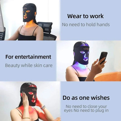 LED Photon Beauty Infrared Mask in black silicone with LED lights glowing red and blue worn by woman showing hands-free use for skincare and entertainment