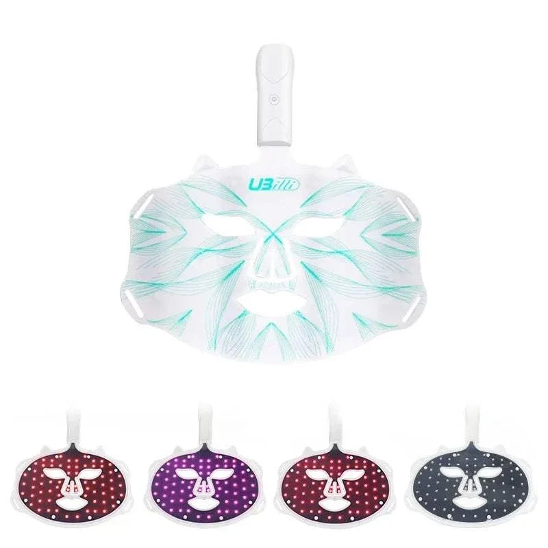 LED Photon Beauty Infrared Mask in translucent silicone with teal pattern and attached control handle, shown with four interchangeable LED light panels in red, purple, and white
