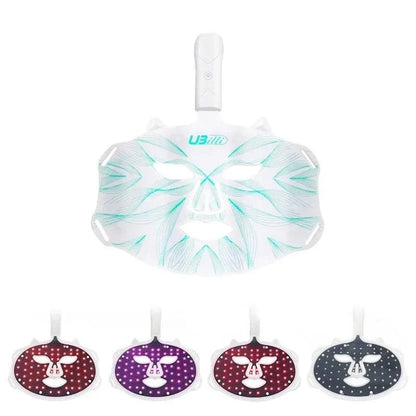 LED Photon Beauty Infrared Mask in translucent silicone with teal pattern and attached control handle, shown with four interchangeable LED light panels in red, purple, and white