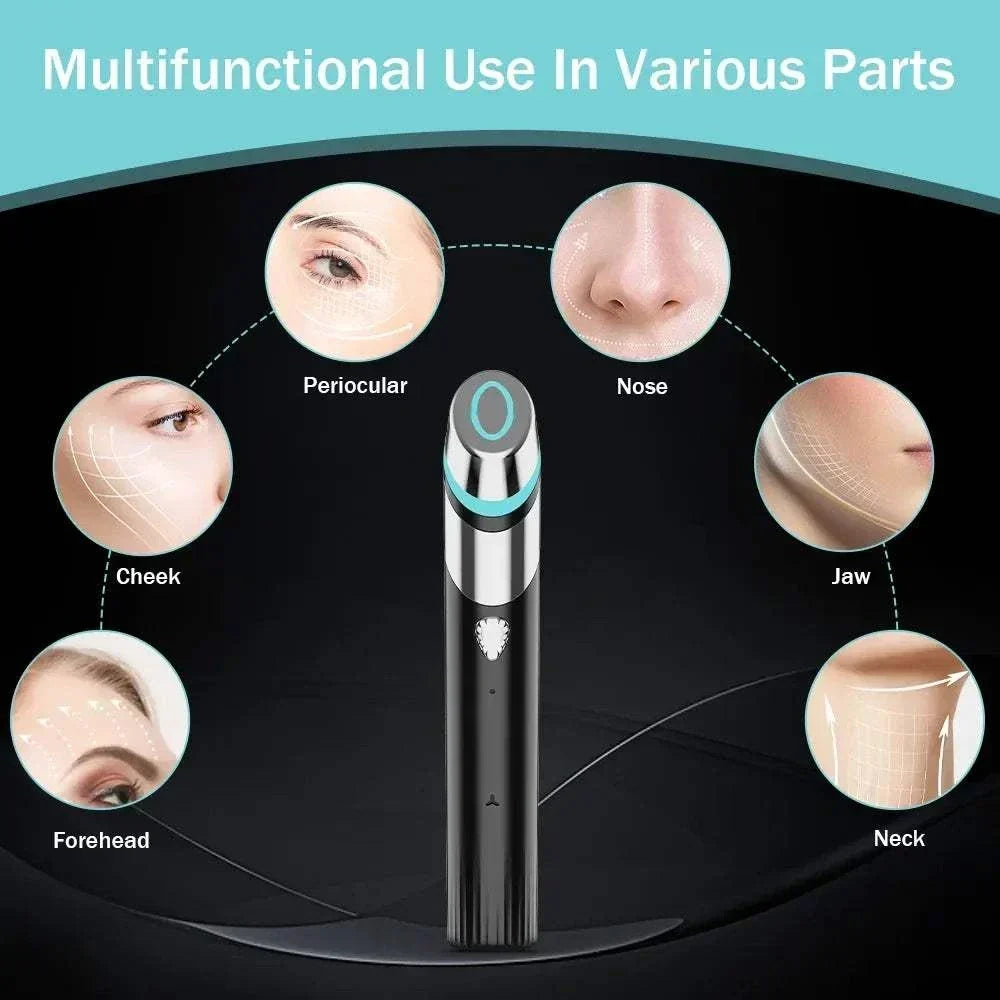 Micro Current Facial Massage Tool in a slim black and silver ABS design with a turquoise ring and oval metal tip