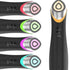 Microcurrent Facial Device in black with ergonomic shape and glowing multicolored LED accents on triangular metal electrode panels for skincare