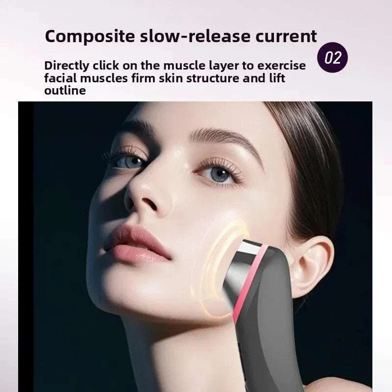 Microcurrent Facial Device in sleek black and silver design with ergonomic shape used on woman&