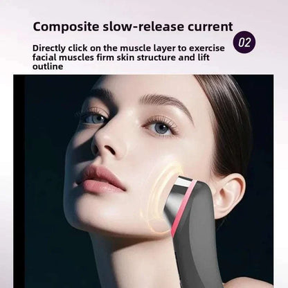 Microcurrent Facial Device in sleek black and silver design with ergonomic shape used on woman&