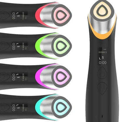 Microcurrent Facial Device with sleek black body and triangular metal tip accented in multiple colors including red, green, pink, blue, and gold, featuring a digital display and ergonomic shape for skincare use