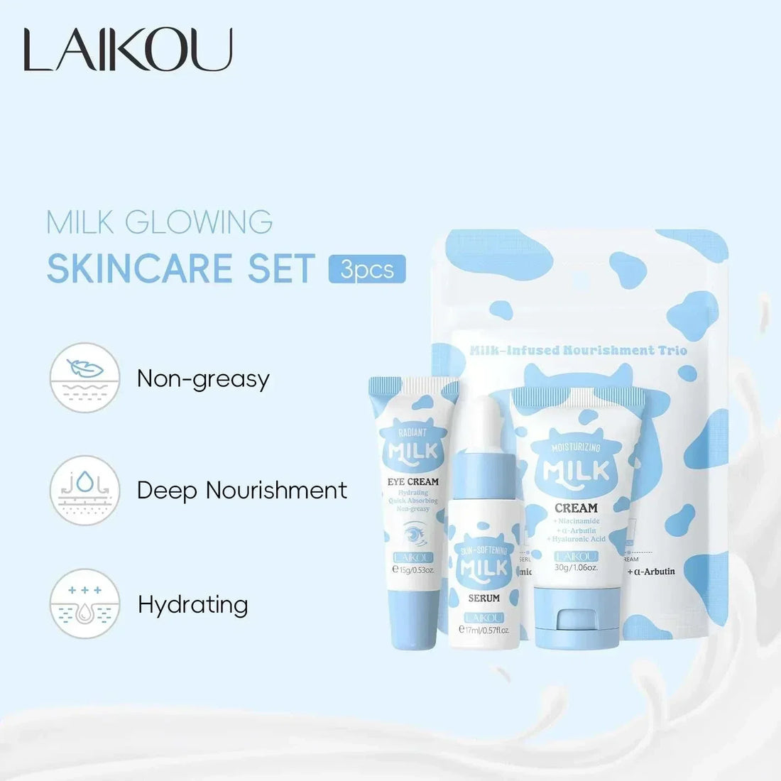 moisturizing Skin Care Trio with three blue-and-white milk skincare tubes and matching pouch featuring cow-print patches