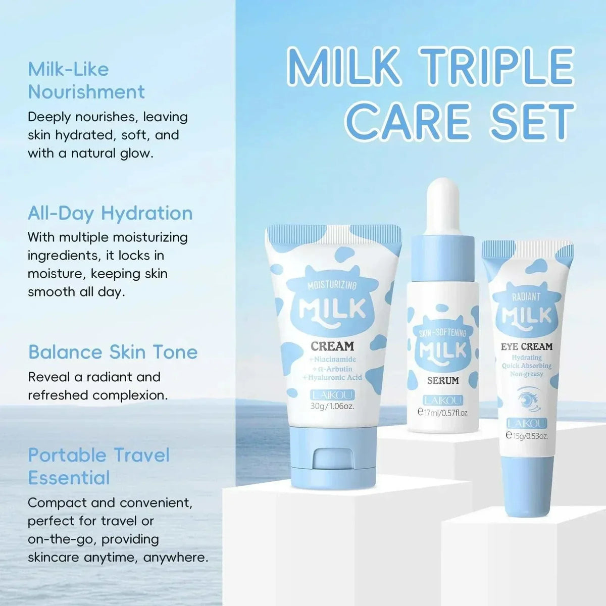 moisturizing Skin Care Trio with three blue-and-white milk skincare tubes and a dropper serum, including cream and eye cream