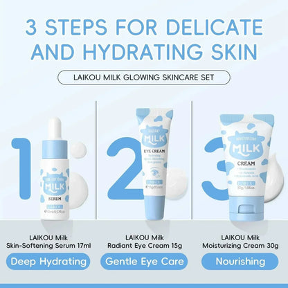 moisturizing Skin Care Trio with three blue-and-white milk skincare tubes and bottle, including serum, eye cream, and moisturizing cream
