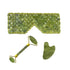 Natural Xiuyan Jade facial massage set in mottled green stone, with a woven eye mask, roller and gua sha scraper