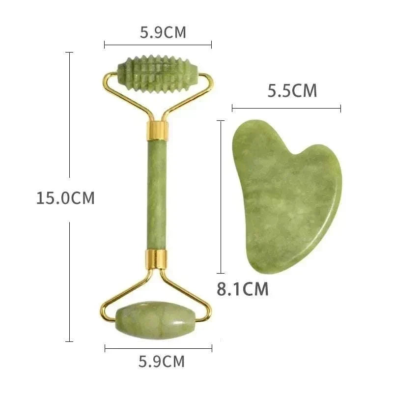 Gua sha facial massage set in mottled green Natural Xiuyan Jade, with a gold-tone dual-ended roller and heart-shaped scraper