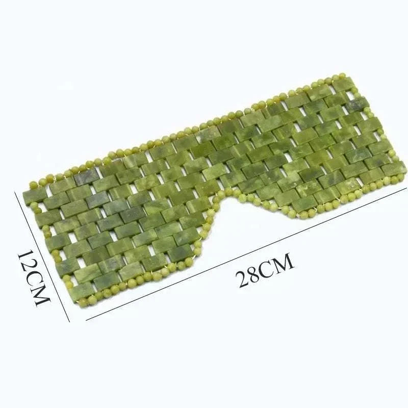 Natural Xiuyan Jade facial mask with interwoven olive-green stone tiles and small round jade beads along the edges