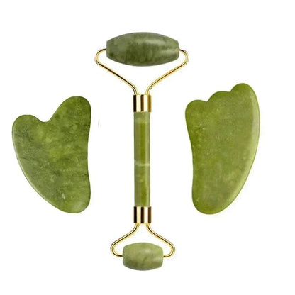 Jade facial massage roller set in mottled green stone with gold-tone fittings and two matching gua sha tools, Natural Xiuyan Jade